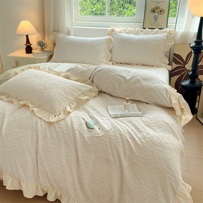 91家纺网 家纺一手货源 找家纺 乐居家纺 2025新款蝴蝶花边款剪花提花牛奶绒四件套（含买家秀和质检报告） 花边款-一路生花-米咖