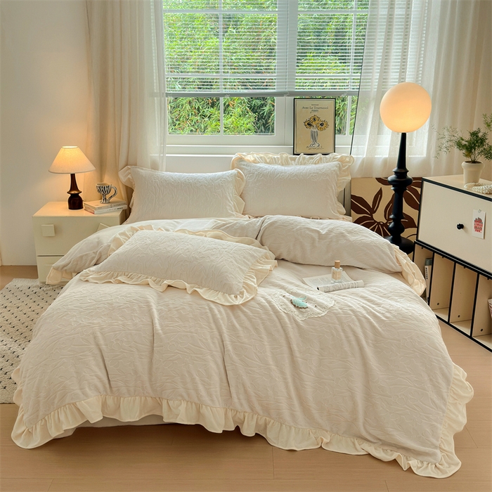 91家纺网 家纺一手货源 找家纺 乐居家纺 2025新款蝴蝶花边款剪花提花牛奶绒四件套（含买家秀和质检报告） 花边款-一路生花-米咖