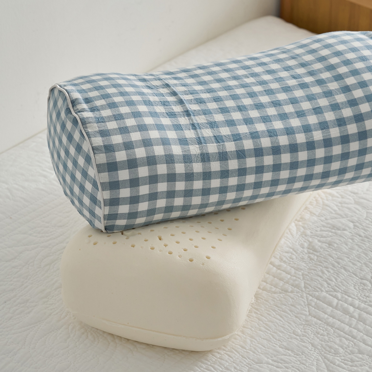 91家纺网 家纺一手货源 找家纺 鼎盛乳胶 2025新款水洗棉小乳胶枕多功能便携枕 水洗蓝