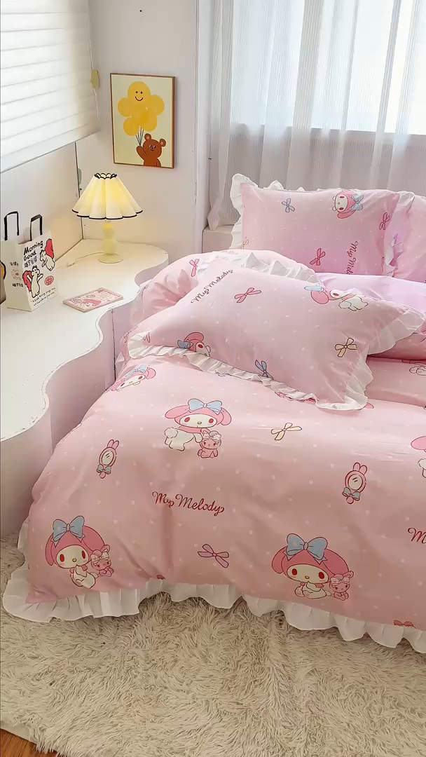 91家纺网 家纺一手货源 找家纺 玉元坊2025新款三丽鸥系列 全棉床单纯棉床裙三四件套 甜甜美乐蒂【花边款】