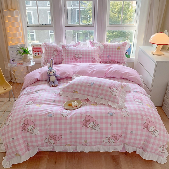 玉元坊2025新款三丽鸥系列 全棉床单纯棉床裙三四件套  粉格美乐蒂【花边款】