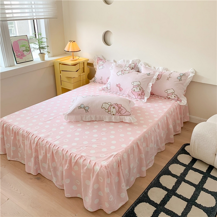 91家纺网 家纺一手货源 找家纺 玉元坊2025新款三丽鸥系列 全棉床单纯棉床裙三四件套  蝴蝶结美乐蒂【花边款】