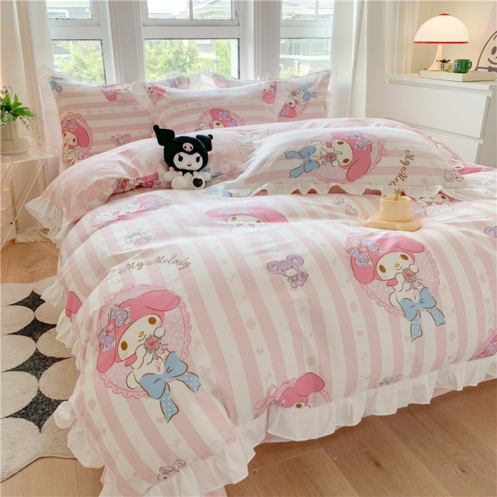 91家纺网 家纺一手货源 找家纺 玉元坊2025新款三丽鸥系列 全棉床单纯棉床裙三四件套 甜甜美乐蒂【花边款】