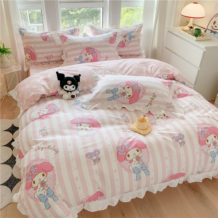 91家纺网 家纺一手货源 找家纺 玉元坊2025新款三丽鸥系列 全棉床单纯棉床裙三四件套 甜甜美乐蒂【花边款】