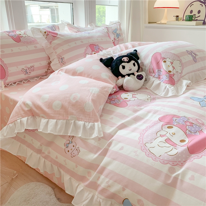 91家纺网 家纺一手货源 找家纺 玉元坊2025新款三丽鸥系列 全棉床单纯棉床裙三四件套 甜甜美乐蒂【花边款】