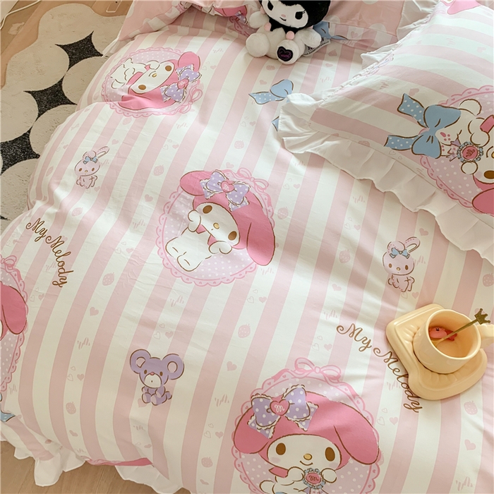 91家纺网 家纺一手货源 找家纺 玉元坊2025新款三丽鸥系列 全棉床单纯棉床裙三四件套 甜甜美乐蒂【花边款】