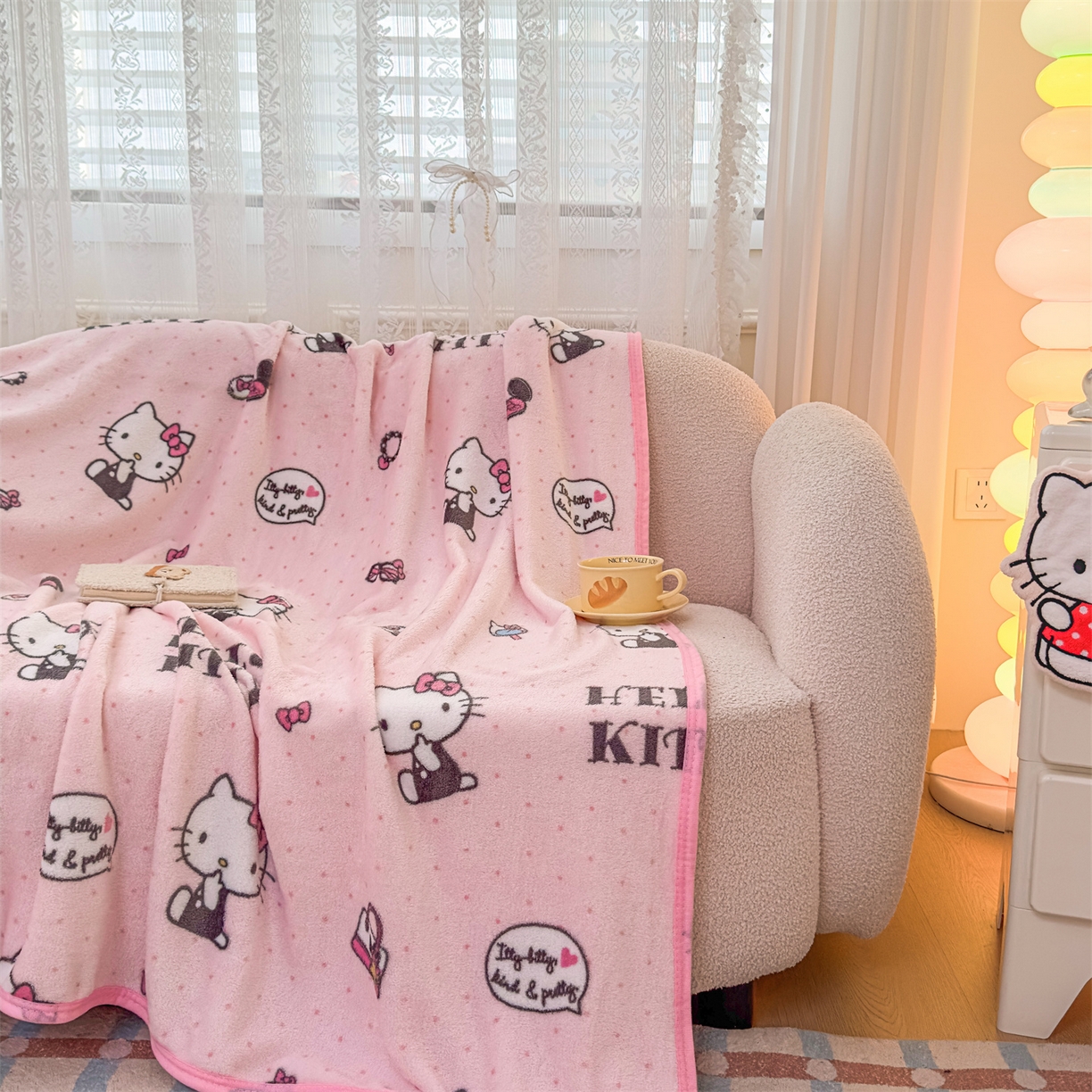 91家纺网 家纺一手货源 找家纺 花满路 2025新款亲肤舒适三丽鸥儿童毯毛毯毯子 粉粉kitty
