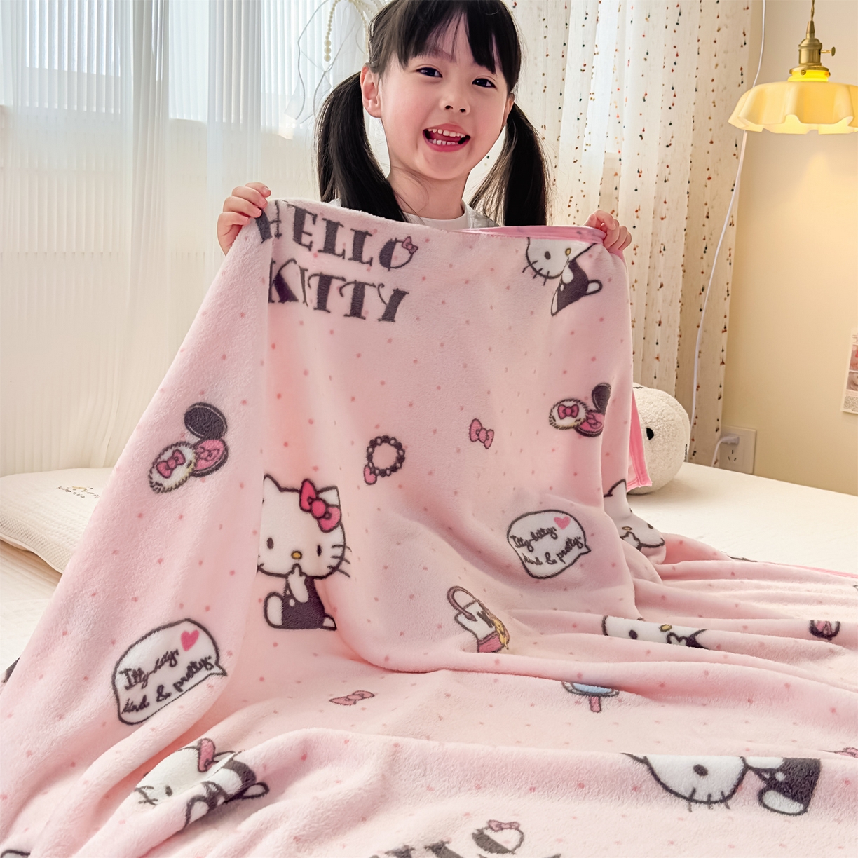 91家纺网 家纺一手货源 找家纺 花满路 2025新款亲肤舒适三丽鸥儿童毯毛毯毯子 粉粉kitty