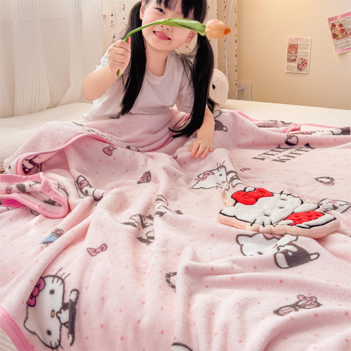 91家纺网 家纺一手货源 找家纺 花满路 2025新款亲肤舒适三丽鸥儿童毯毛毯毯子 粉粉kitty