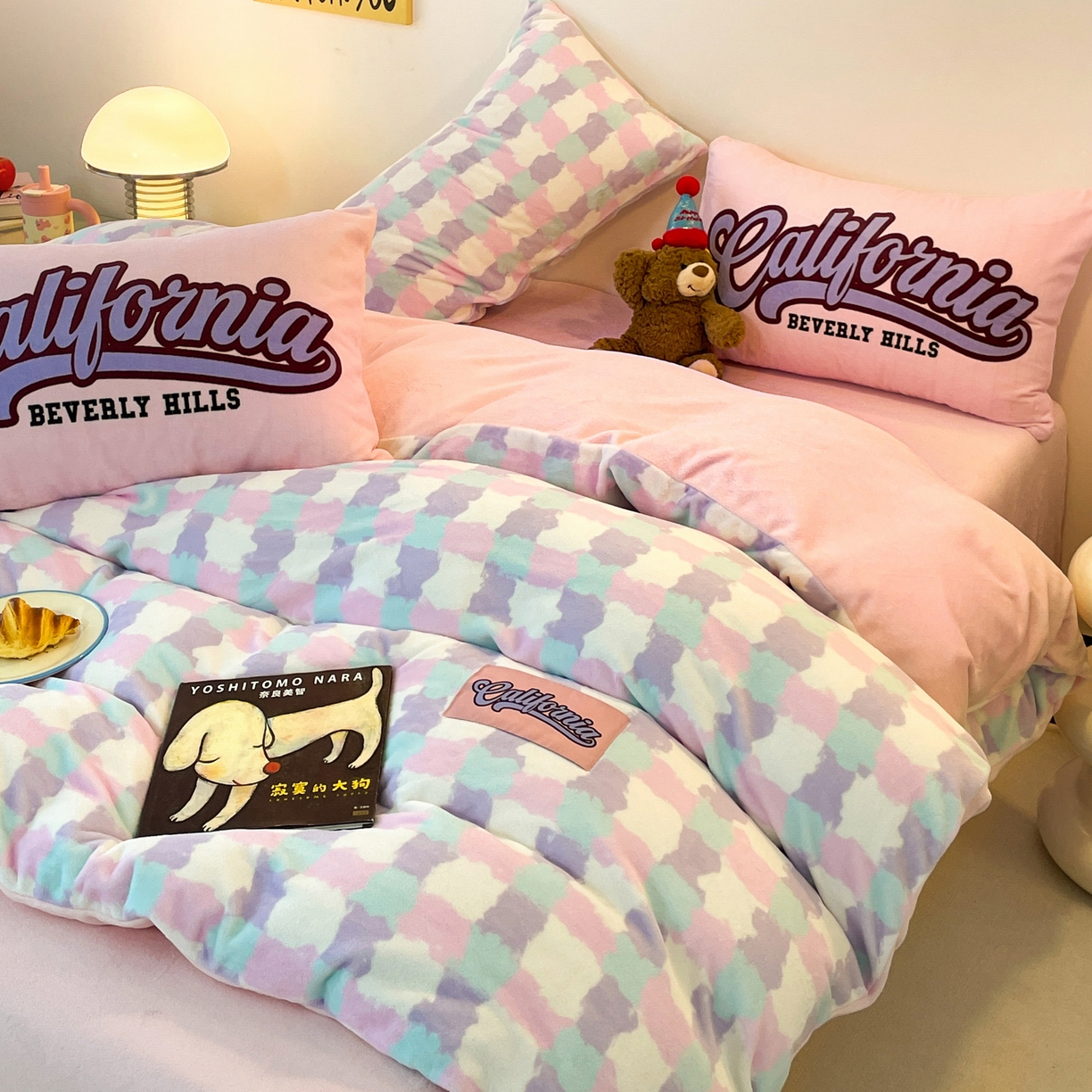 如一 2025新款美式复古风数码织标牛奶绒四件套 复古粉