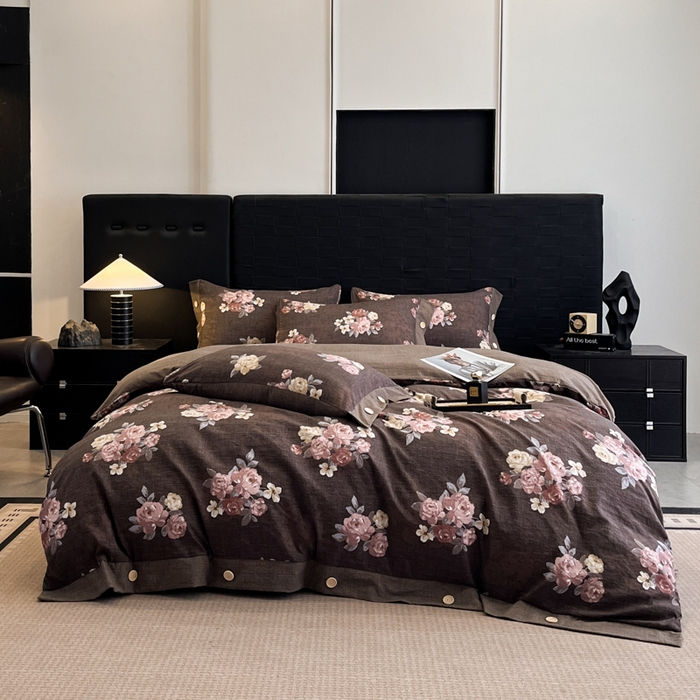 91家纺网 家纺一手货源 找家纺 梦舒羽 2025新款A类原麻纽扣四件套加厚被套床单床笠宿舍双人床仿亚麻套件 繁花