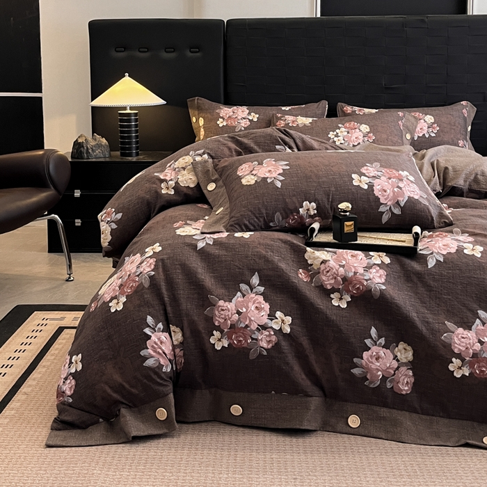 91家纺网 家纺一手货源 找家纺 梦舒羽 2025新款A类原麻纽扣四件套加厚被套床单床笠宿舍双人床仿亚麻套件 繁花