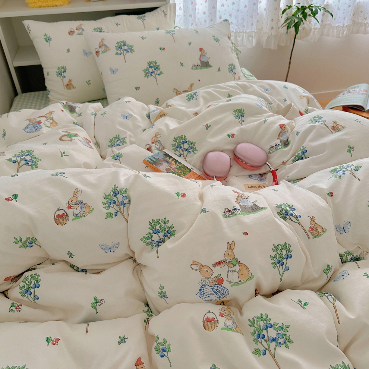 91家纺网 家纺一手货源 找家纺 初念 2025新款水洗棉系绳云朵棉四件套系列 系带-小兔弦音