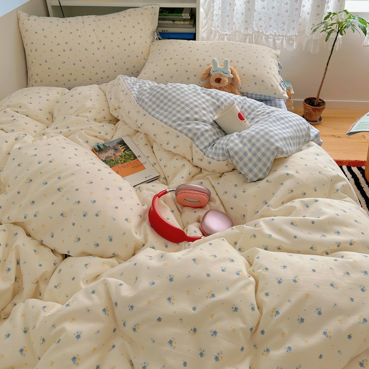 91家纺网 家纺一手货源 找家纺 初念 2025新款水洗棉系绳云朵棉四件套系列 系带-小兰花