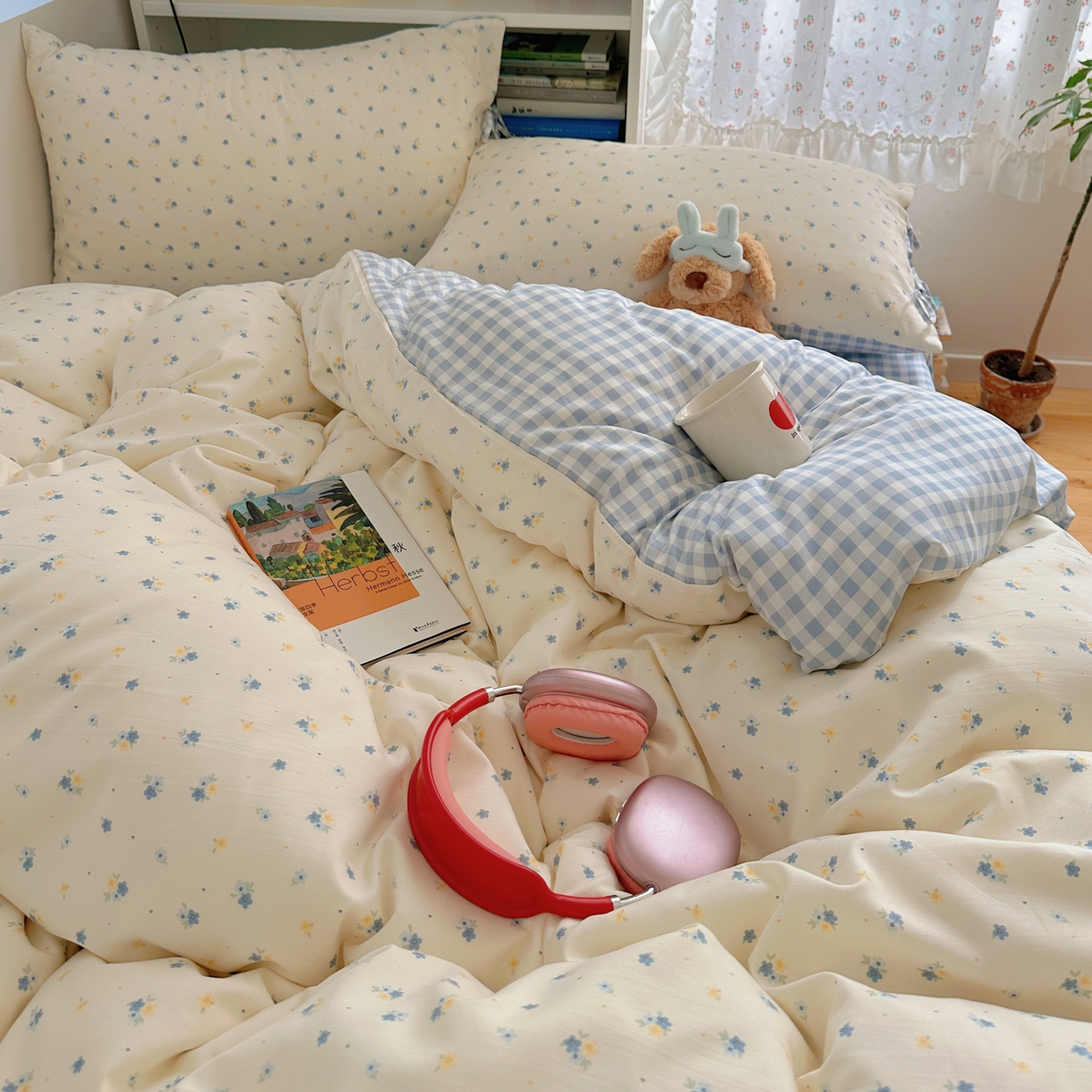 91家纺网 家纺一手货源 找家纺 初念 2025新款水洗棉系绳云朵棉四件套系列 系带-小兰花