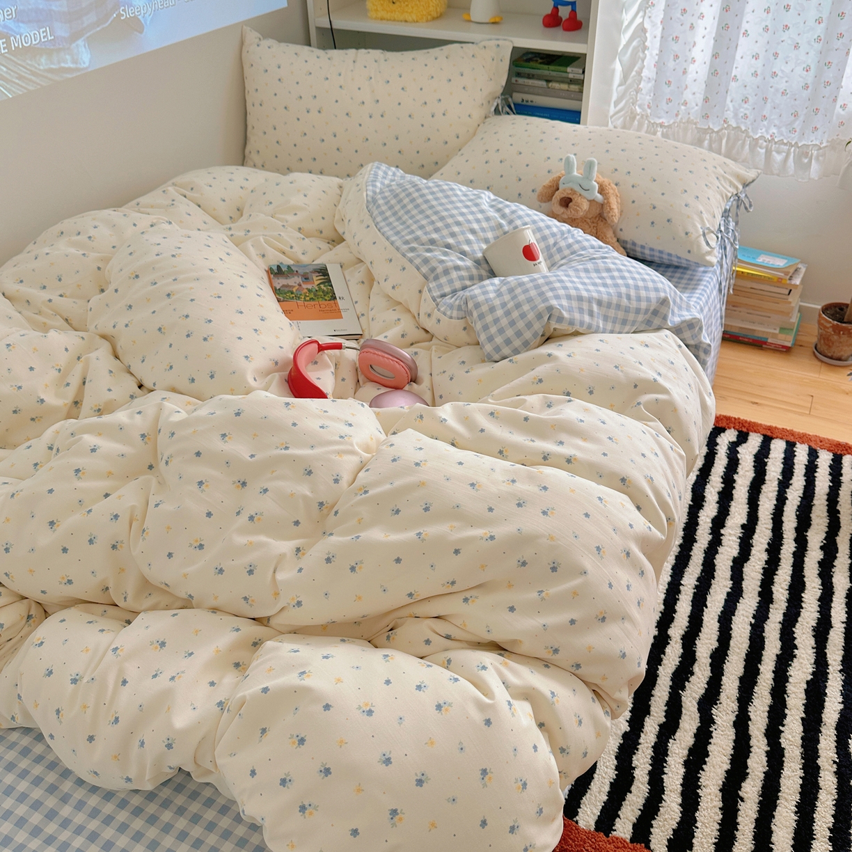 91家纺网 家纺一手货源 找家纺 初念 2025新款水洗棉系绳云朵棉四件套系列 系带-小兰花