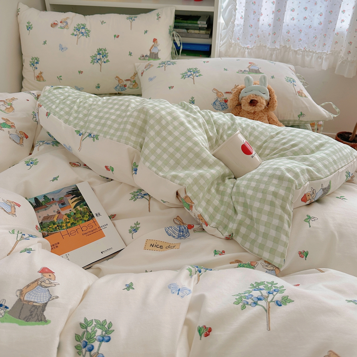 91家纺网 家纺一手货源 找家纺 初念 2025新款水洗棉系绳云朵棉四件套系列 系带-小兔弦音