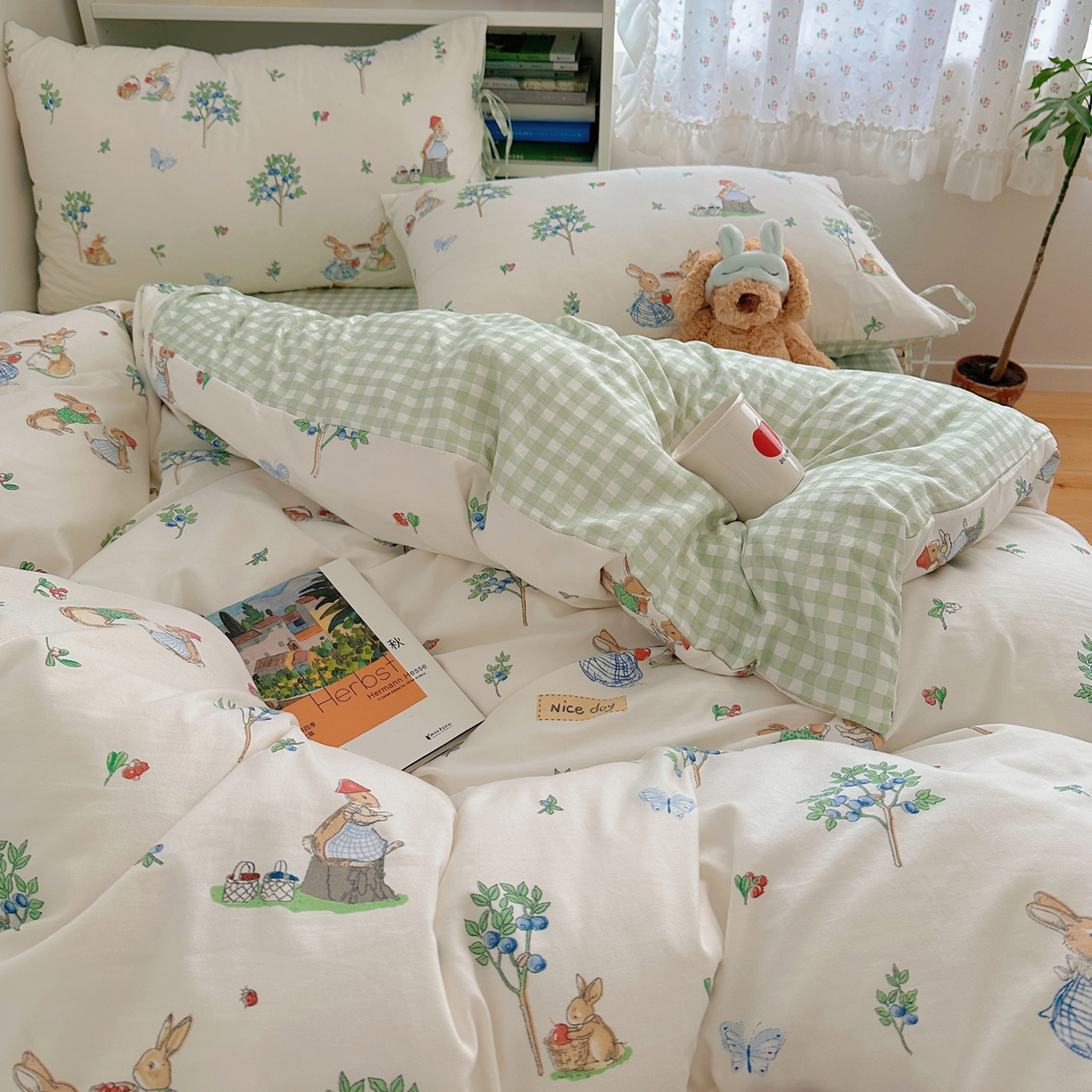 91家纺网 家纺一手货源 找家纺 初念 2025新款水洗棉系绳云朵棉四件套系列 系带-小兔弦音