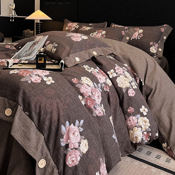 91家纺网 家纺一手货源 找家纺 梦舒羽 2025新款A类原麻纽扣四件套加厚被套床单床笠宿舍双人床仿亚麻套件 繁花