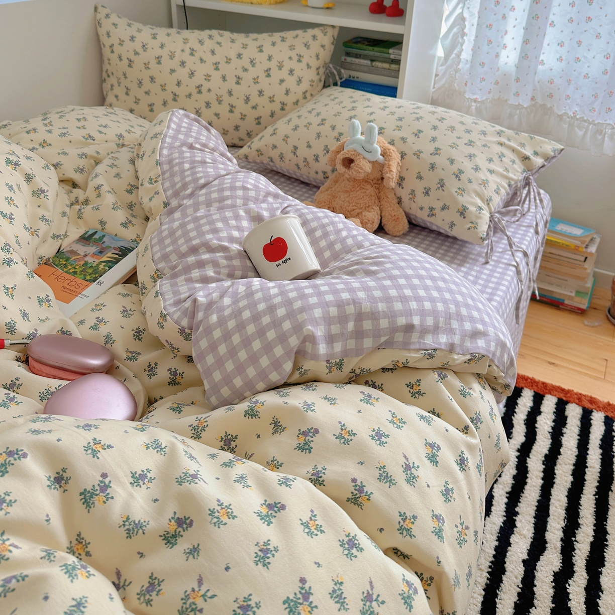 91家纺网 家纺一手货源 找家纺 初念 2025新款水洗棉系绳云朵棉四件套系列 系带-夏日铃兰