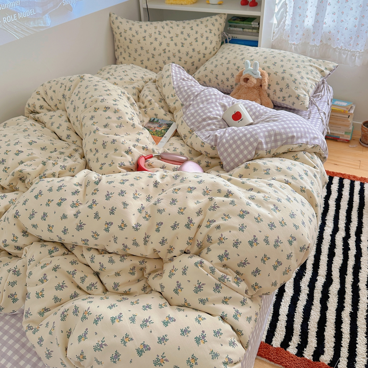 91家纺网 家纺一手货源 找家纺 初念 2025新款水洗棉系绳云朵棉四件套系列 系带-夏日铃兰