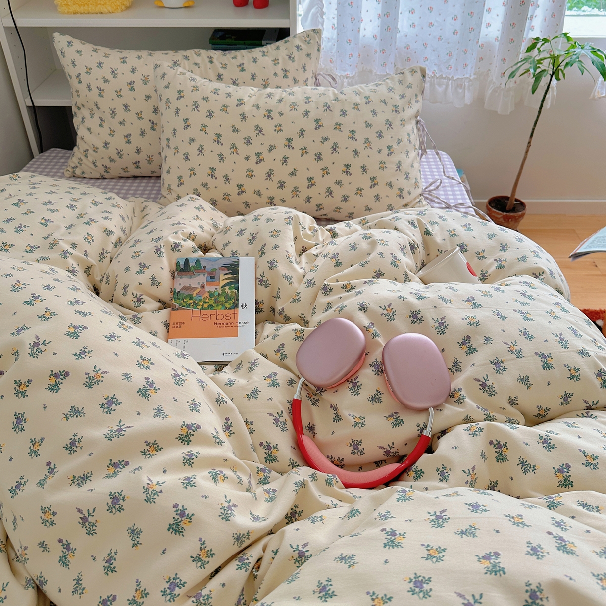 91家纺网 家纺一手货源 找家纺 初念 2025新款水洗棉系绳云朵棉四件套系列 系带-夏日铃兰