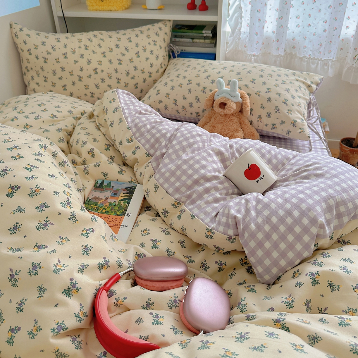 91家纺网 家纺一手货源 找家纺 初念 2025新款水洗棉系绳云朵棉四件套系列 系带-夏日铃兰