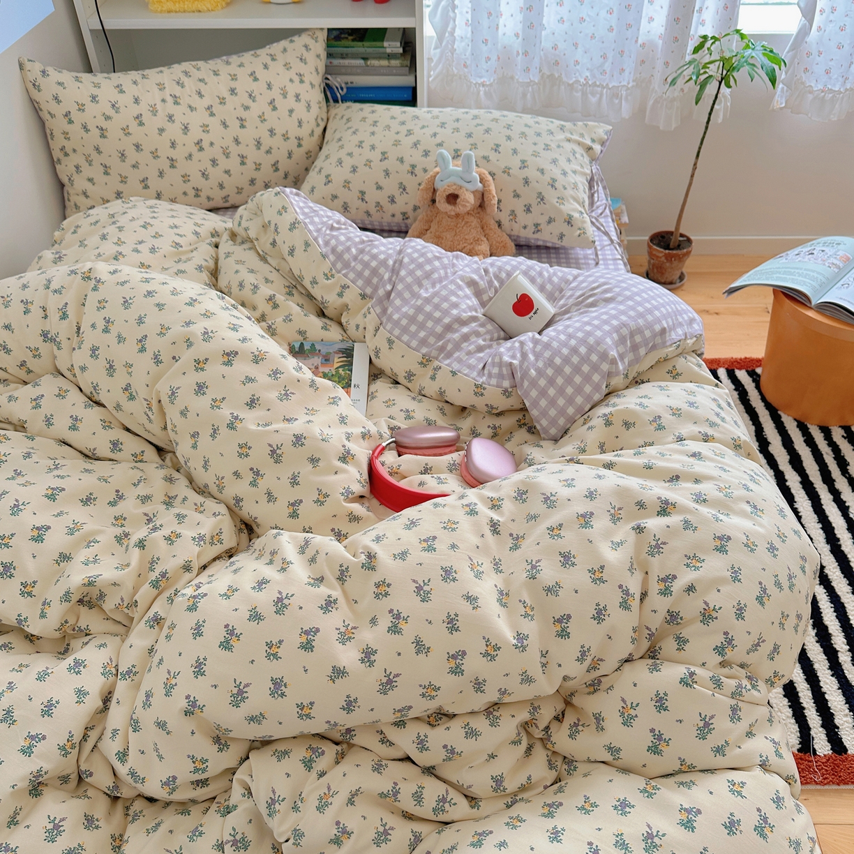 91家纺网 家纺一手货源 找家纺 初念 2025新款水洗棉系绳云朵棉四件套系列 系带-夏日铃兰