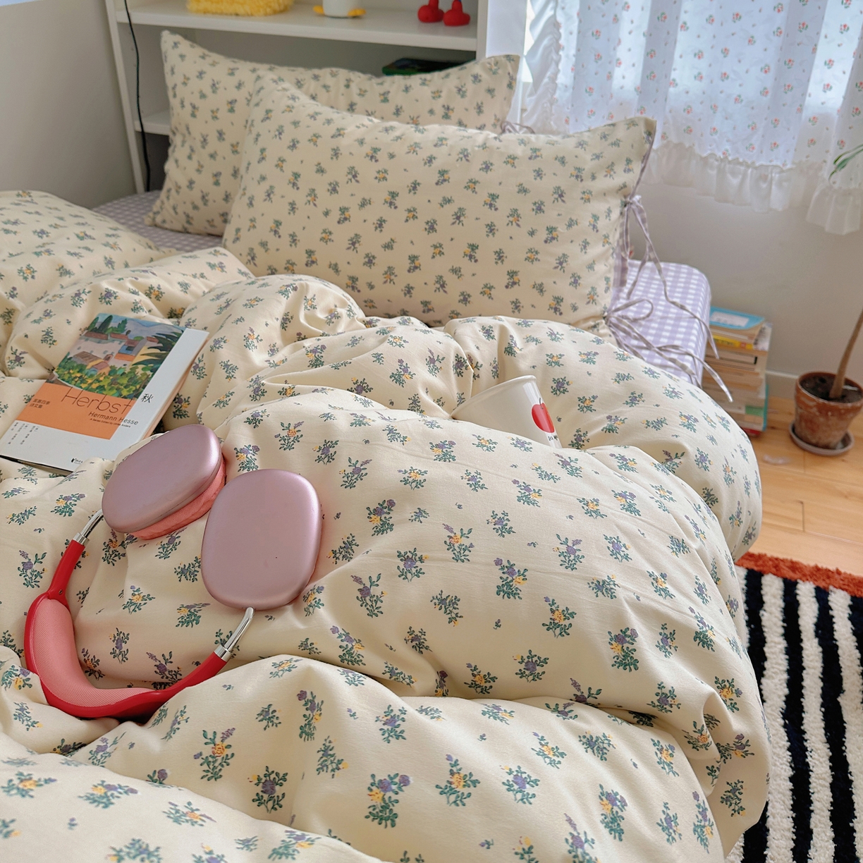 91家纺网 家纺一手货源 找家纺 初念 2025新款水洗棉系绳云朵棉四件套系列 系带-夏日铃兰