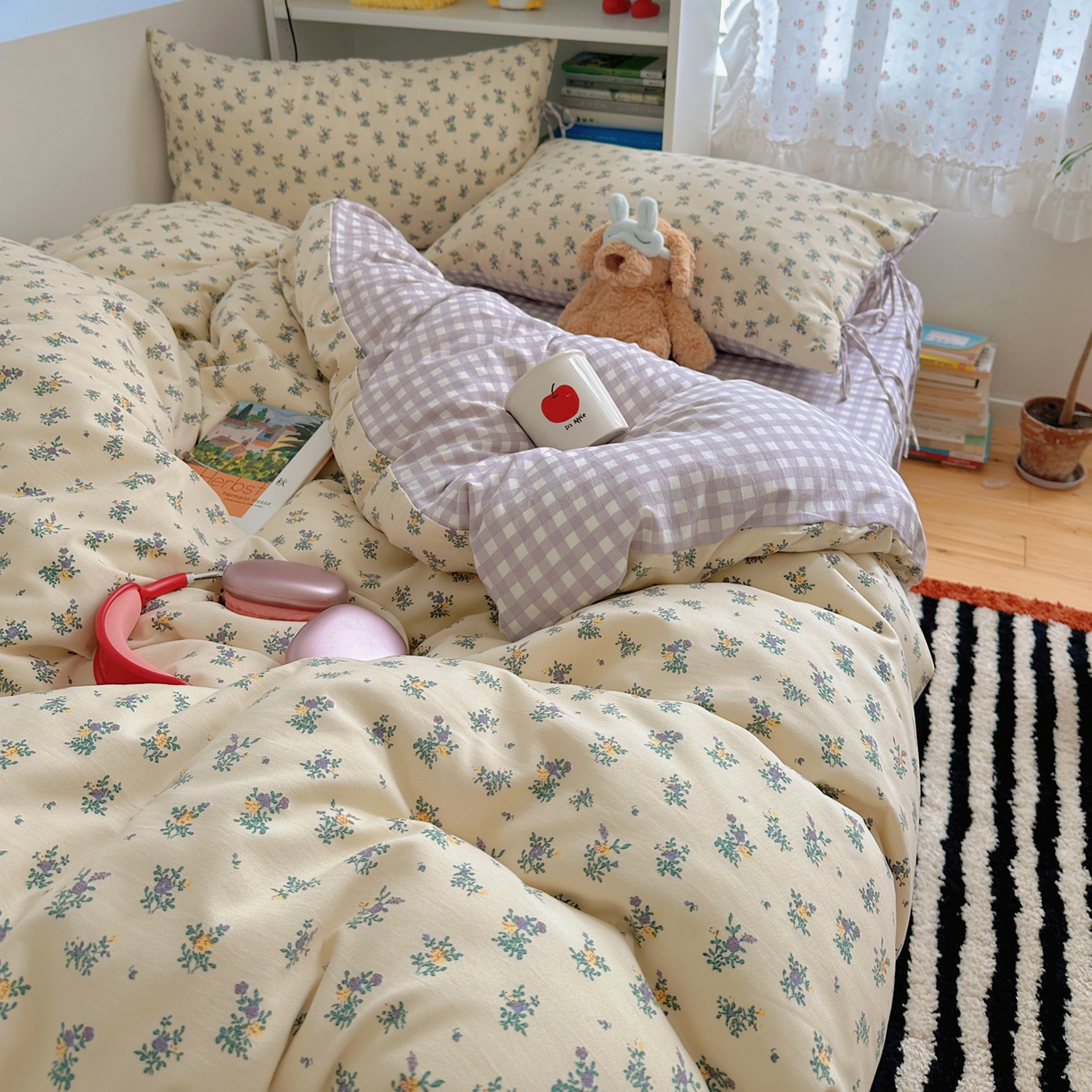 91家纺网 家纺一手货源 找家纺 初念 2025新款水洗棉系绳云朵棉四件套系列 系带-夏日铃兰