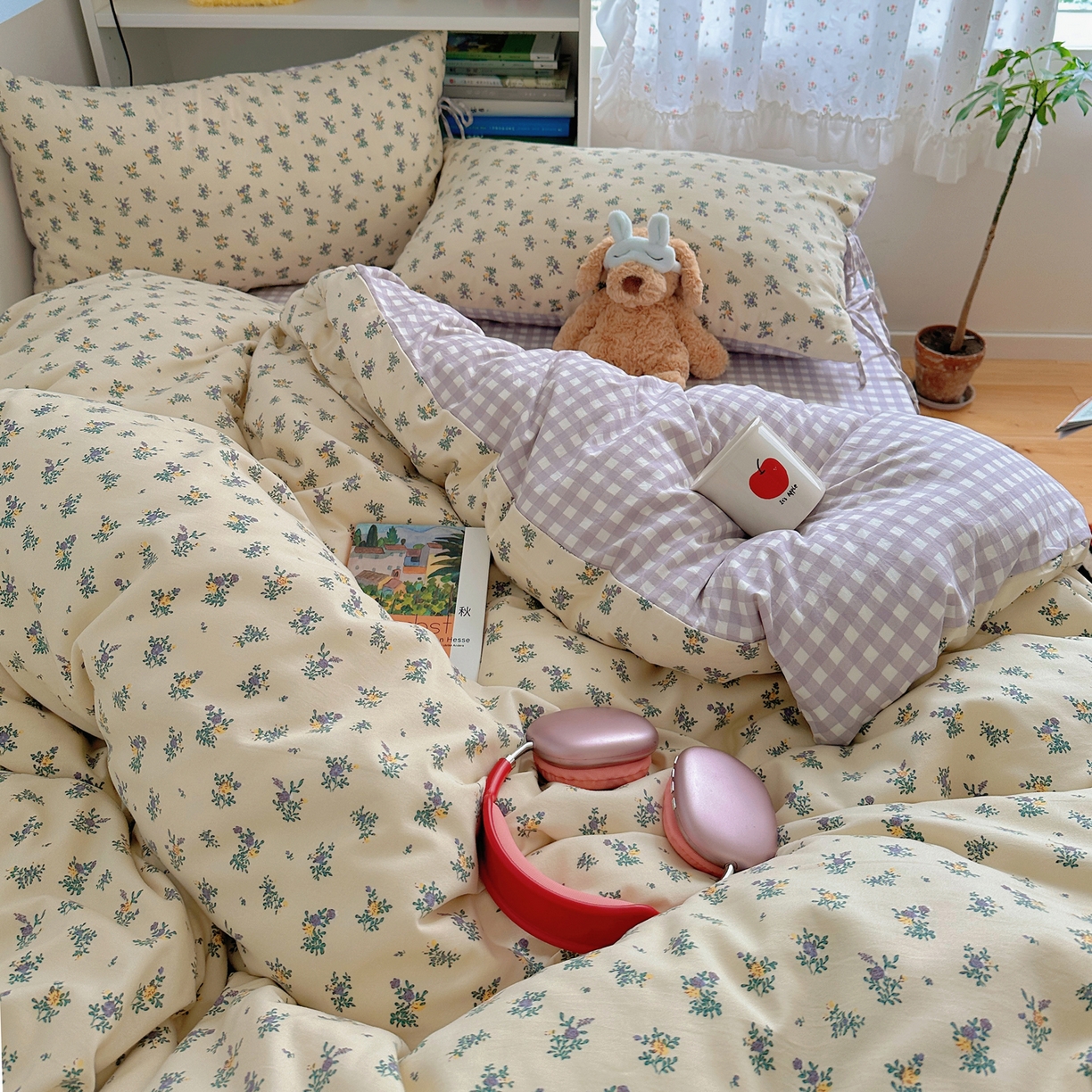 91家纺网 家纺一手货源 找家纺 初念 2025新款水洗棉系绳云朵棉四件套系列 系带-夏日铃兰