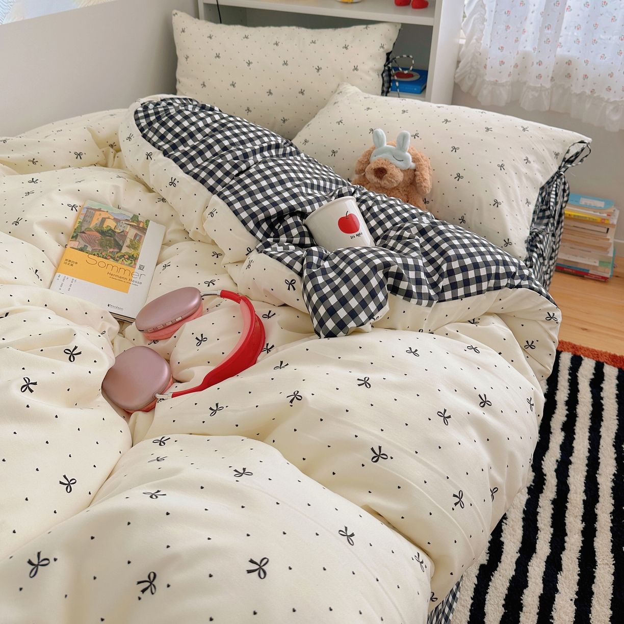 91家纺网 家纺一手货源 找家纺 初念 2025新款水洗棉系绳云朵棉四件套系列 系带-蝴蝶集-黑