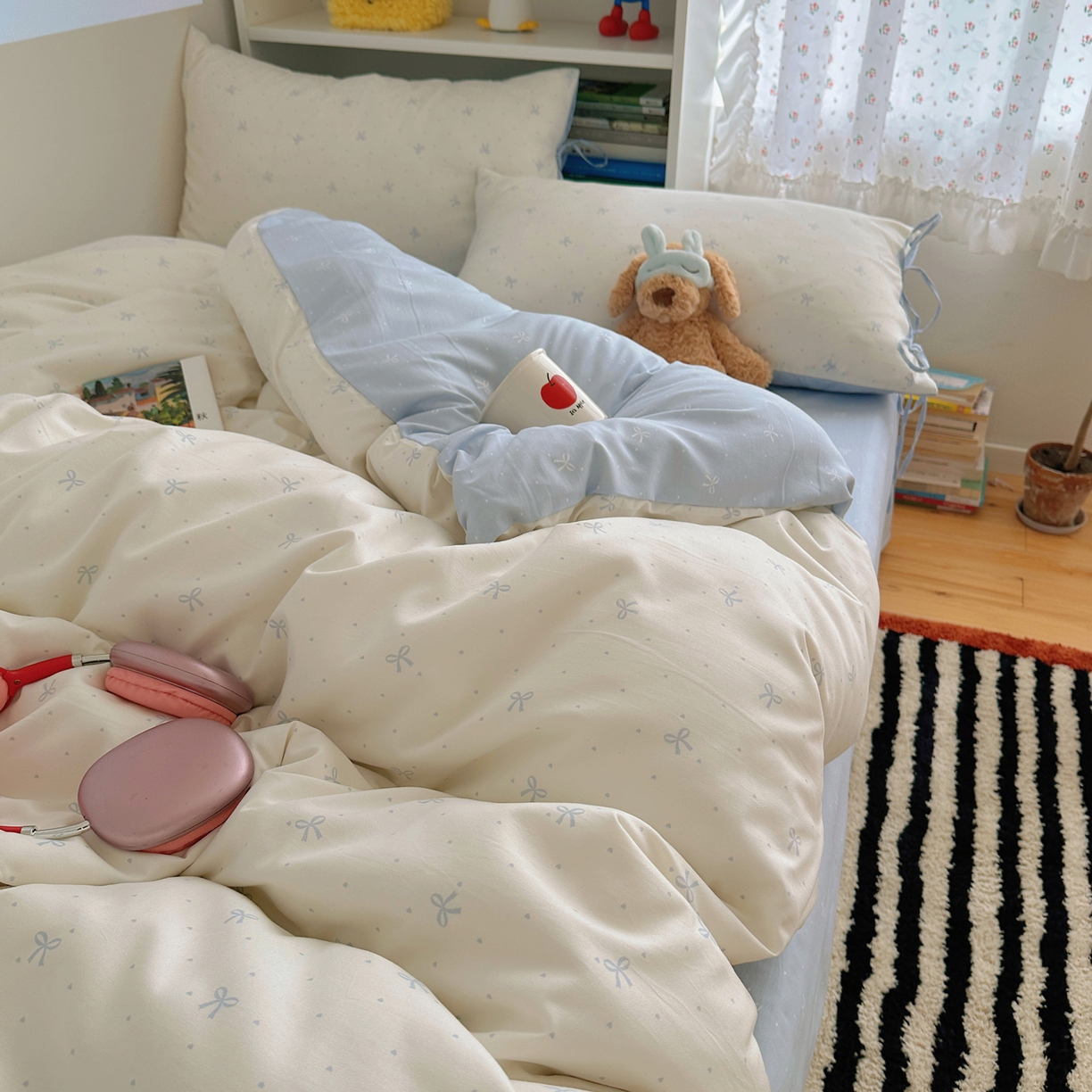 91家纺网 家纺一手货源 找家纺 初念 2025新款水洗棉系绳云朵棉四件套系列 系带-蝴蝶集-蓝