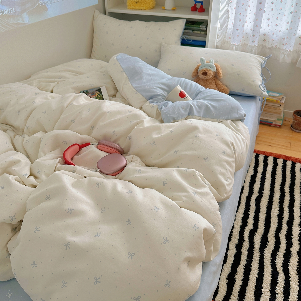 91家纺网 家纺一手货源 找家纺 初念 2025新款水洗棉系绳云朵棉四件套系列 系带-蝴蝶集-蓝