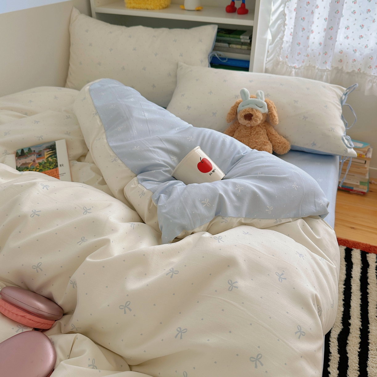 91家纺网 家纺一手货源 找家纺 初念 2025新款水洗棉系绳云朵棉四件套系列 系带-蝴蝶集-蓝