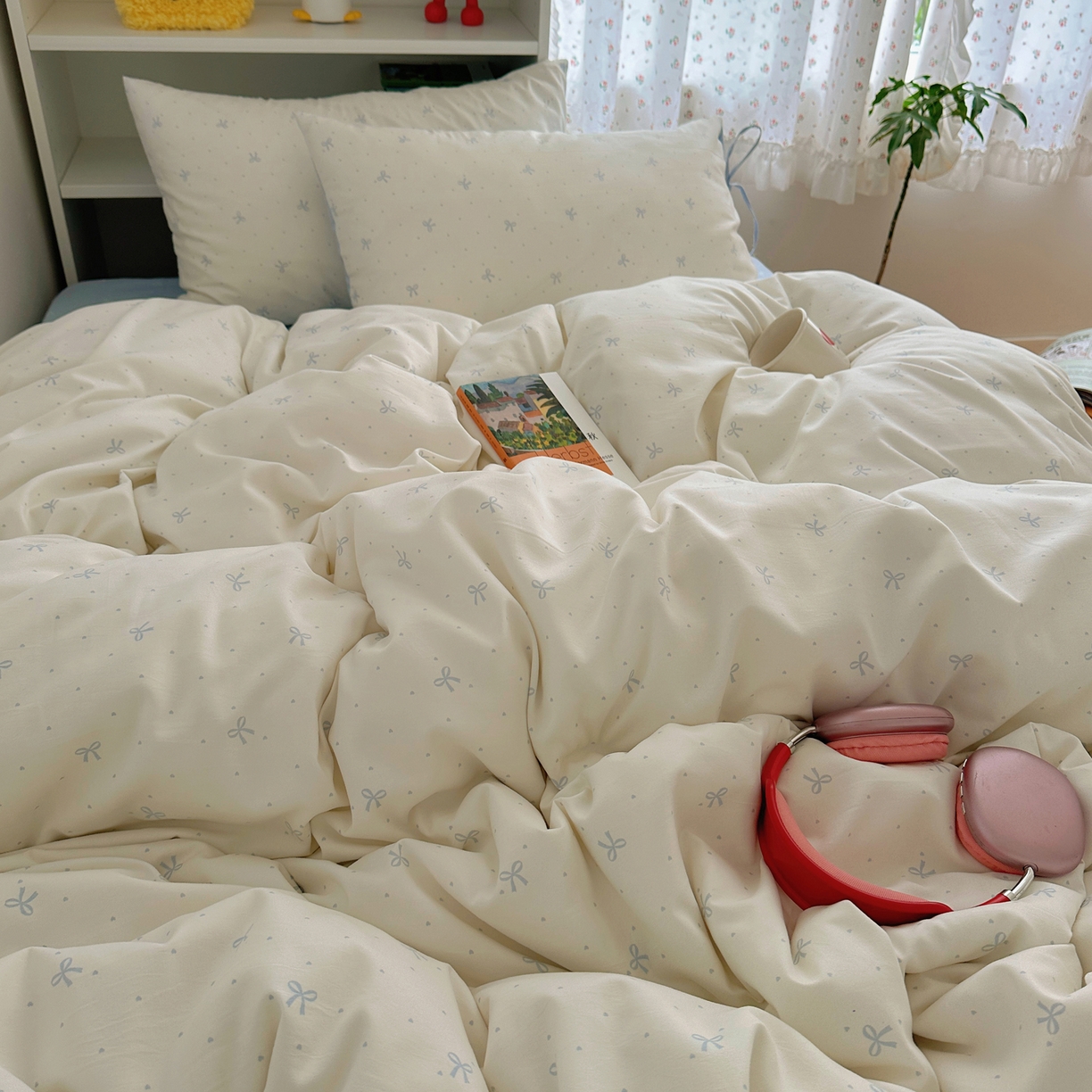 91家纺网 家纺一手货源 找家纺 初念 2025新款水洗棉系绳云朵棉四件套系列 系带-蝴蝶集-蓝