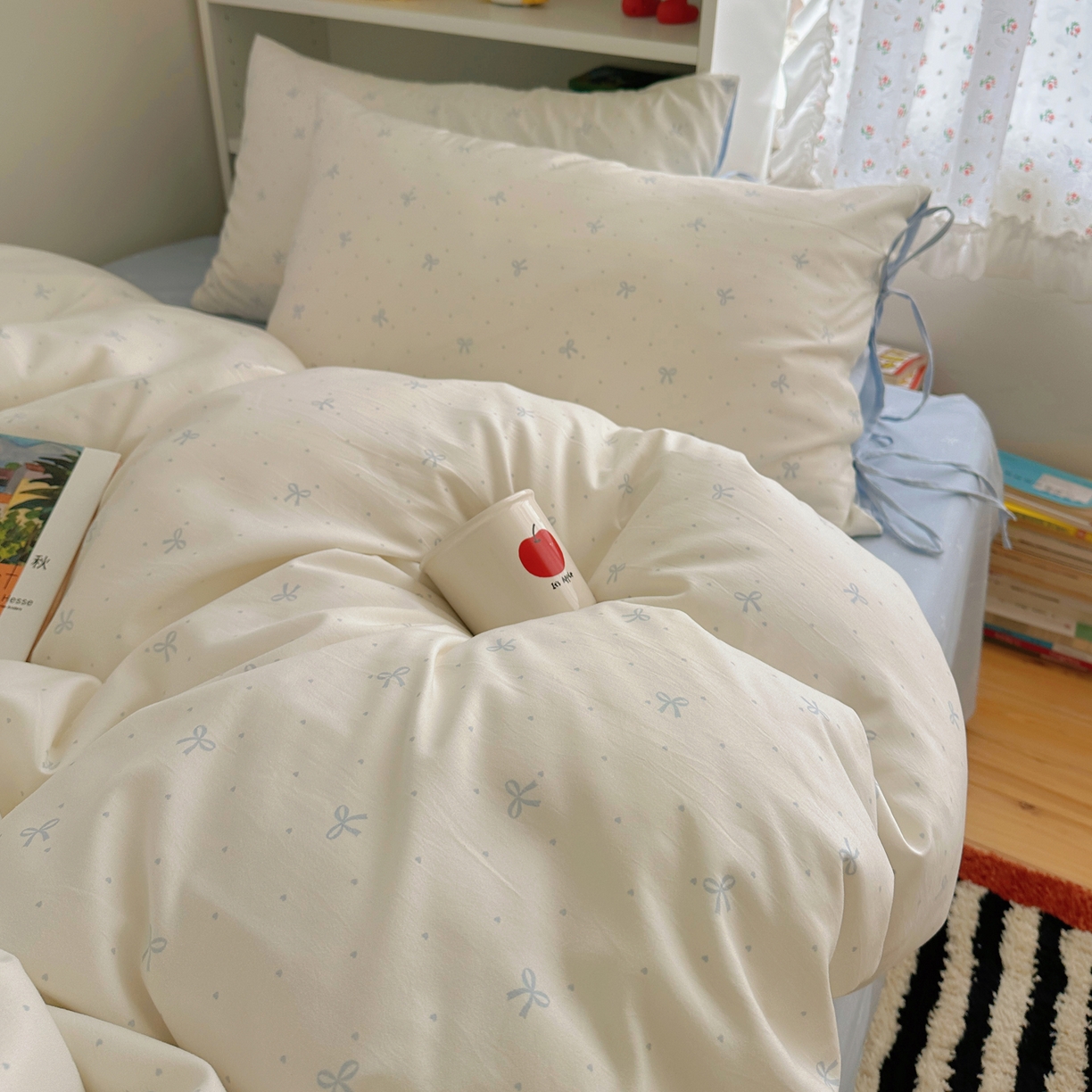 91家纺网 家纺一手货源 找家纺 初念 2025新款水洗棉系绳云朵棉四件套系列 系带-蝴蝶集-蓝