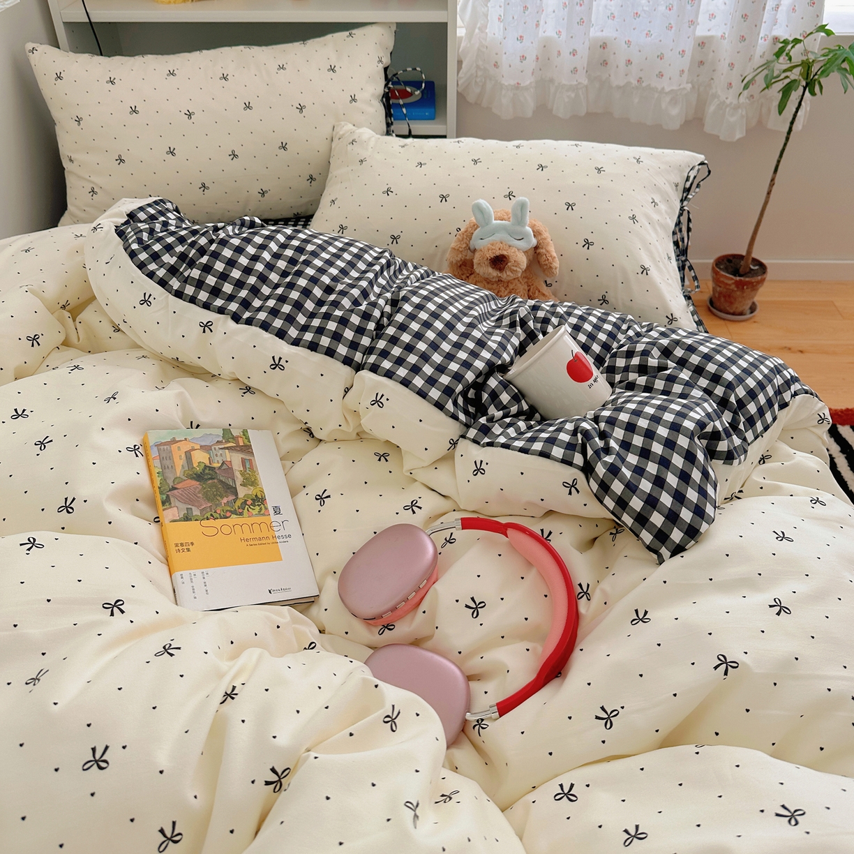 91家纺网 家纺一手货源 找家纺 初念 2025新款水洗棉系绳云朵棉四件套系列 系带-蝴蝶集-黑