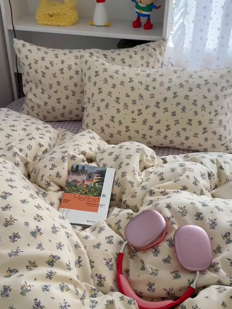 91家纺网 家纺一手货源 找家纺 初念 2025新款水洗棉系绳云朵棉四件套系列 系带-夏日铃兰