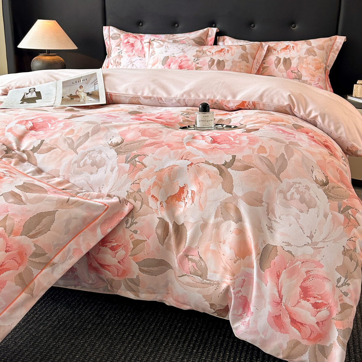 91家纺网 家纺一手货源 找家纺 玉海棠家纺 2025新款数码印花加厚全棉磨毛四件套 粉色罗曼使