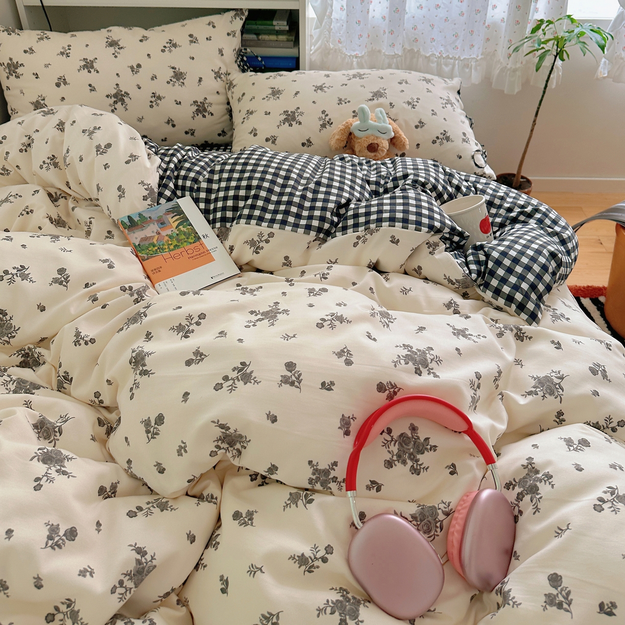 91家纺网 家纺一手货源 找家纺 初念 2025新款水洗棉系绳云朵棉四件套系列 系带-十里花田