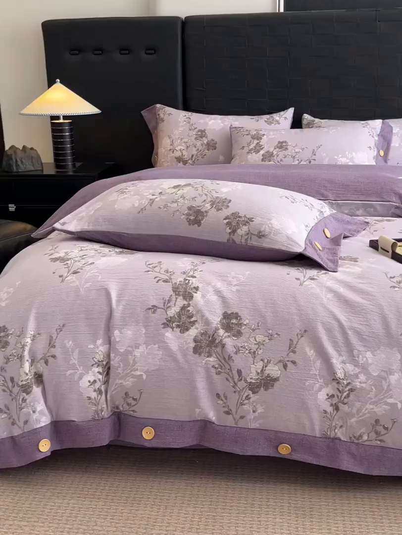 91家纺网 家纺一手货源 找家纺 梦舒羽 2025新款A类原麻纽扣四件套加厚被套床单床笠宿舍双人床仿亚麻套件 春风序