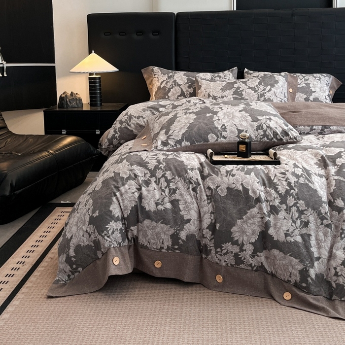 91家纺网 家纺一手货源 找家纺 梦舒羽 2025新款A类原麻纽扣四件套加厚被套床单床笠宿舍双人床仿亚麻套件 浮绘花影-白