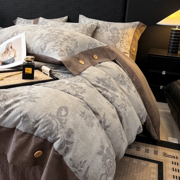91家纺网 家纺一手货源 找家纺 梦舒羽 2025新款A类原麻纽扣四件套加厚被套床单床笠宿舍双人床仿亚麻套件 古堡花园-咖