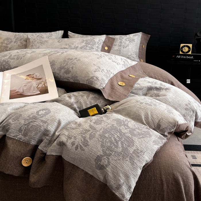 91家纺网 家纺一手货源 找家纺 梦舒羽 2025新款A类原麻纽扣四件套加厚被套床单床笠宿舍双人床仿亚麻套件 古堡花园-咖