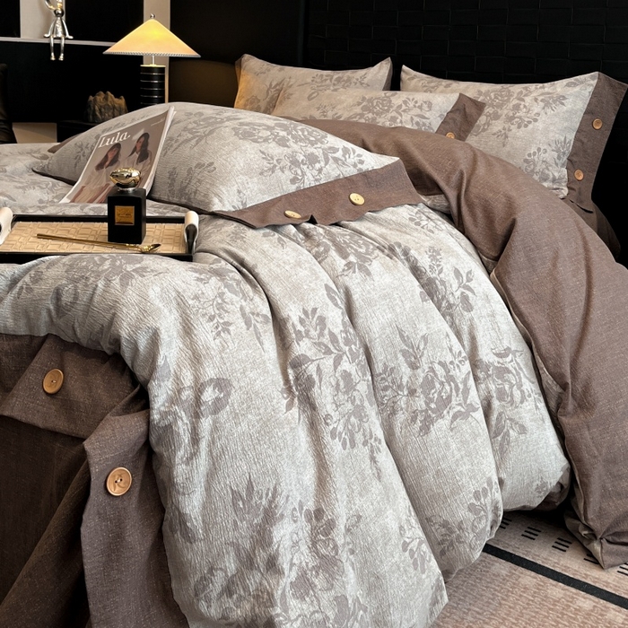 91家纺网 家纺一手货源 找家纺 梦舒羽 2025新款A类原麻纽扣四件套加厚被套床单床笠宿舍双人床仿亚麻套件 古堡花园-咖