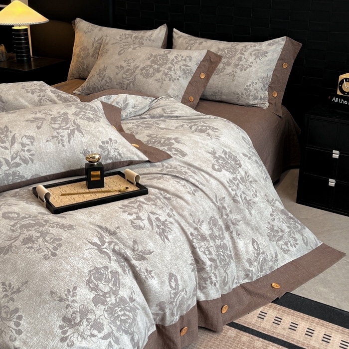 91家纺网 家纺一手货源 找家纺 梦舒羽 2025新款A类原麻纽扣四件套加厚被套床单床笠宿舍双人床仿亚麻套件 古堡花园-咖
