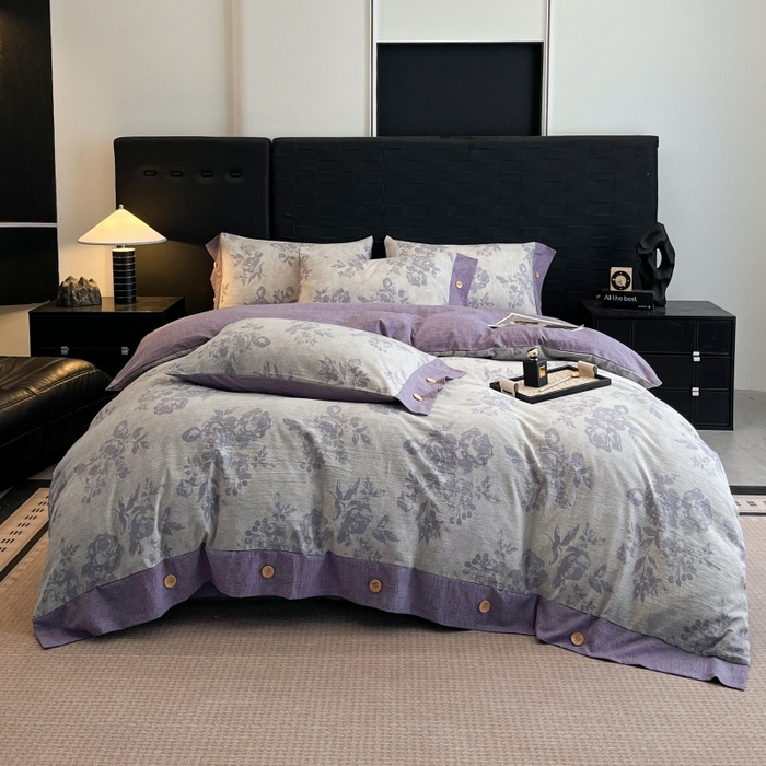 91家纺网 家纺一手货源 找家纺 梦舒羽 2025新款A类原麻纽扣四件套加厚被套床单床笠宿舍双人床仿亚麻套件 古堡花园-紫