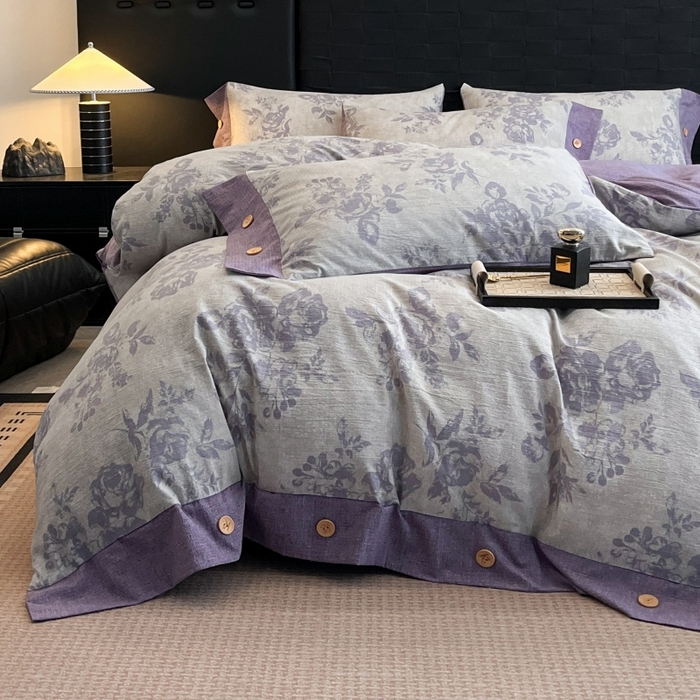 91家纺网 家纺一手货源 找家纺 梦舒羽 2025新款A类原麻纽扣四件套加厚被套床单床笠宿舍双人床仿亚麻套件 古堡花园-紫