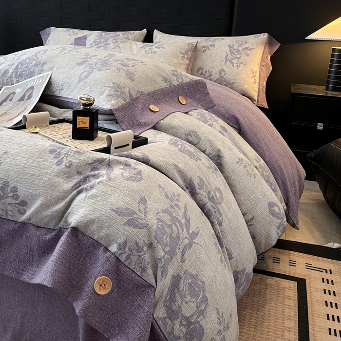 91家纺网 家纺一手货源 找家纺 梦舒羽 2025新款A类原麻纽扣四件套加厚被套床单床笠宿舍双人床仿亚麻套件 古堡花园-紫